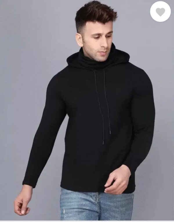 Men Solid Hooded Neck Cotton Blend Black T-Shirt